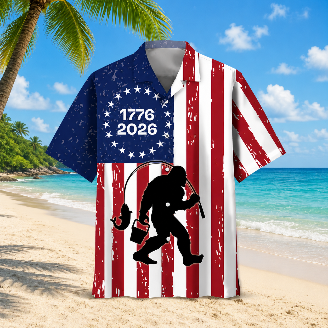 Bigfoot Go Fishing 250 Years of Freedom Hawaiian Shirt Bigfoot Go Fishing 250 Years of Freedom Hawaiian Shirt - Image 2