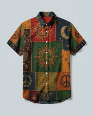 Front view of the boho peace symbol vintage button-down shirt showcasing vibrant patterns and collar design.