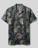 Front view of the hippie sun moon stars galaxy camp shirt featuring vibrant celestial designs in blue and gold.