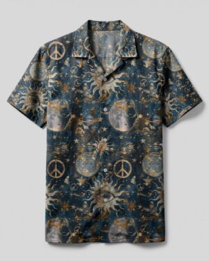 Front view of the hippie sun moon stars galaxy camp shirt featuring vibrant celestial designs in blue and gold.