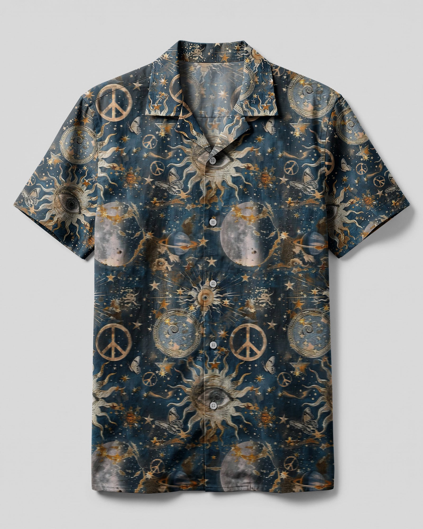 Hippie Sun Moon Stars Galaxy Camp Shirt Front view of the hippie sun moon stars galaxy camp shirt featuring vibrant celestial designs in blue and gold.