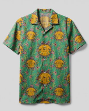 Front view of the sunshine hippie camp shirt featuring vibrant sun and floral patterns on a green backdrop.