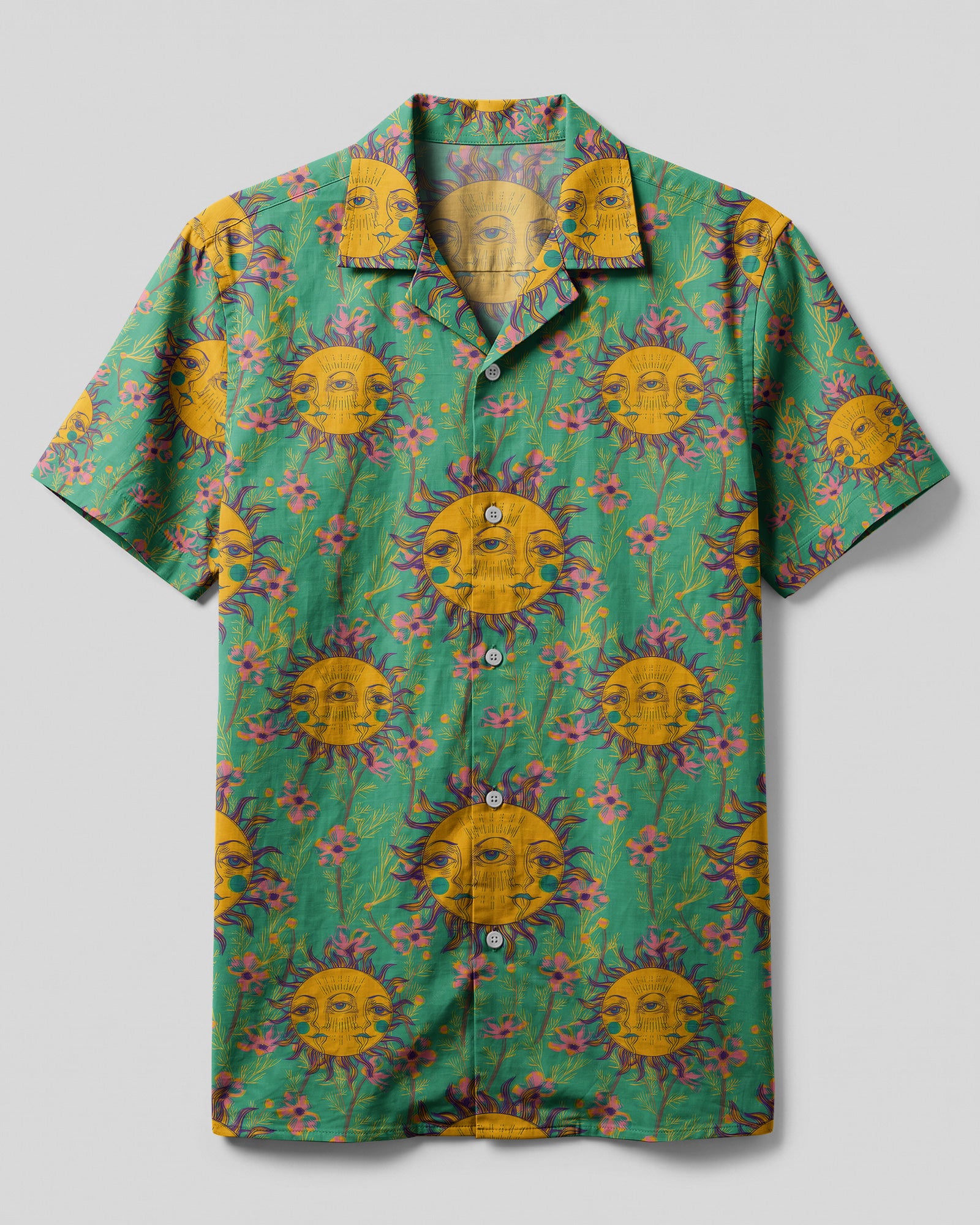 Sunshine Hippie Camp Shirt Front view of the sunshine hippie camp shirt featuring vibrant sun and floral patterns on a green backdrop.