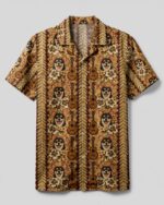 Front view of the chihuahua guitar vintage hippie camp shirt featuring vibrant floral and guitar patterns.