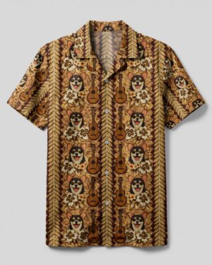 Front view of the chihuahua guitar vintage hippie camp shirt featuring vibrant floral and guitar patterns.