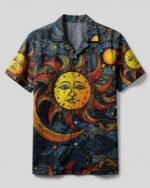 Front view of the sun and moon camp shirt featuring vibrant sun graphics on a dark background.