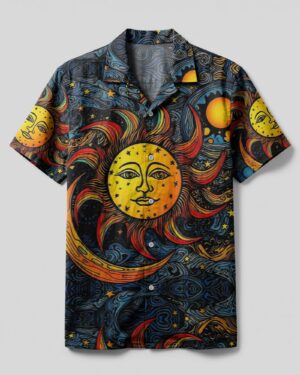 Front view of the sun and moon camp shirt featuring vibrant sun graphics on a dark background.