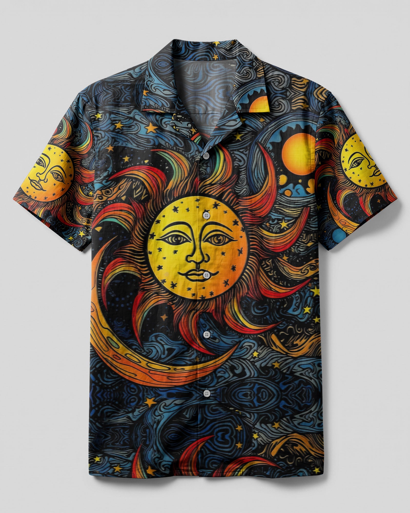Sun and Moon Camp Shirt Front view of the sun and moon camp shirt featuring vibrant sun graphics on a dark background.