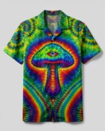 Front view of the trippy mushroom camp shirt showcasing vibrant colors and unique mushroom design.