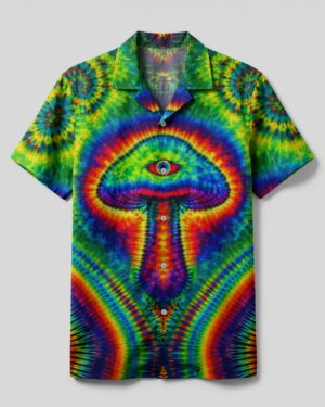 Front view of the trippy mushroom camp shirt showcasing vibrant colors and unique mushroom design.