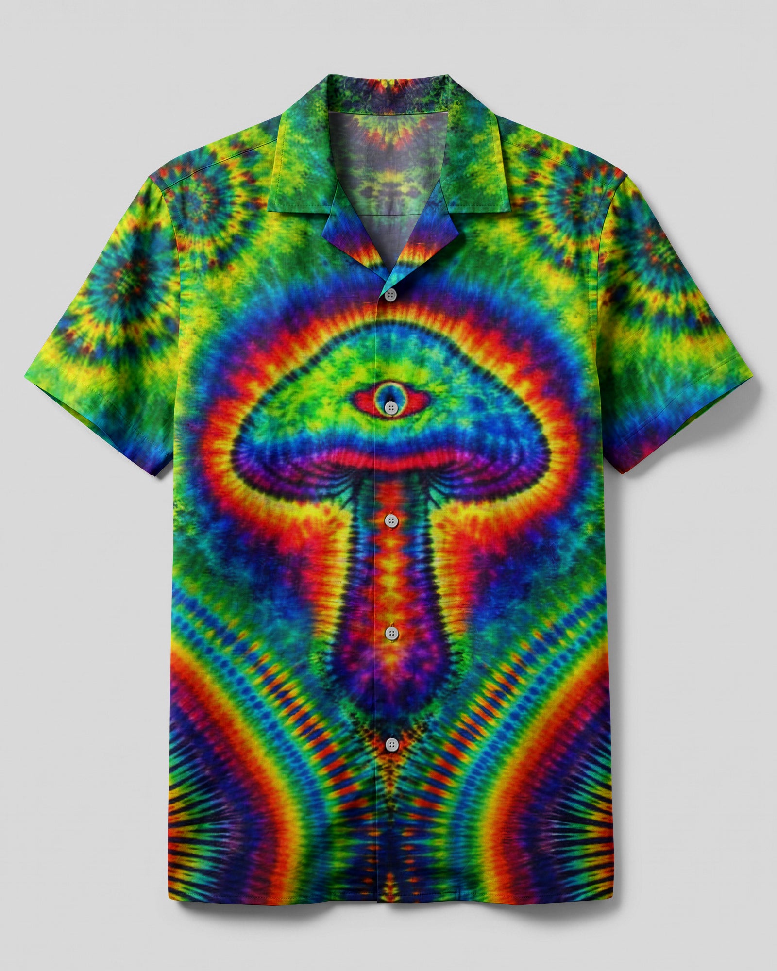 Trippy Mushroom Camp Shirt Front view of the trippy mushroom camp shirt showcasing vibrant colors and unique mushroom design.