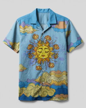 Front view of the if it comes let it if it goes let it camp shirt, featuring a vibrant sun design on blue fabric.