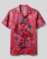 Front view of the groovy flamingo camp shirt in pink, featuring vibrant designs and a relaxed fit.