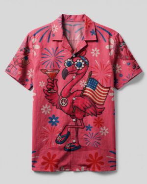 Front view of the groovy flamingo camp shirt in pink, featuring vibrant designs and a relaxed fit.