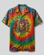 Front view of the old hippies tie dye camp shirt featuring vibrant rainbow colors and peace sign designs.