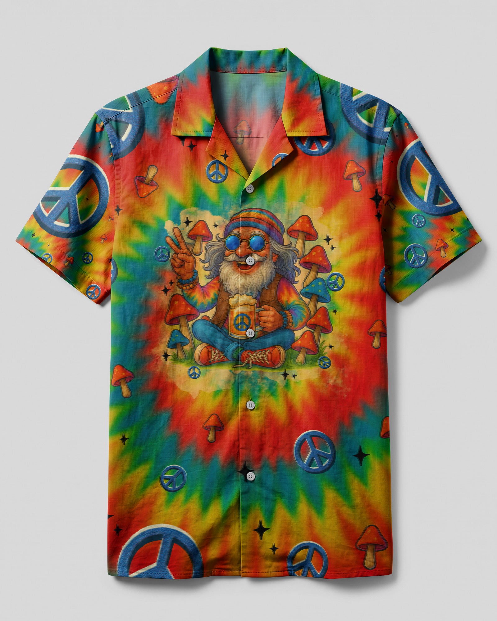 Old Hippies Tie Dye Camp Shirt Front view of the old hippies tie dye camp shirt featuring vibrant rainbow colors and peace sign designs.