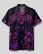 Front view of the psychedelic eyes mushroom black cat camp shirt with vibrant colors and intricate designs.