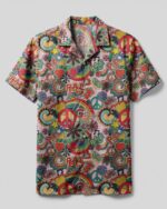Front view of the peace love Hawaiian shirt showcasing vibrant colors and playful designs of peace symbols and hearts.
