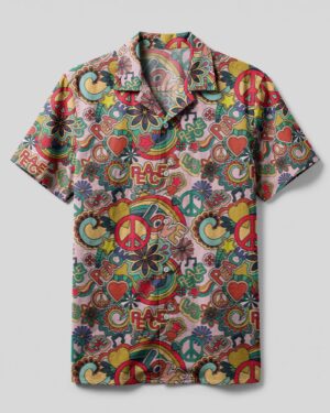 Front view of the peace love Hawaiian shirt showcasing vibrant colors and playful designs of peace symbols and hearts.
