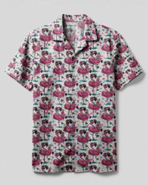 Front view of the flamingo pretty camp shirt featuring vibrant pink flamingos and floral designs on a light background.