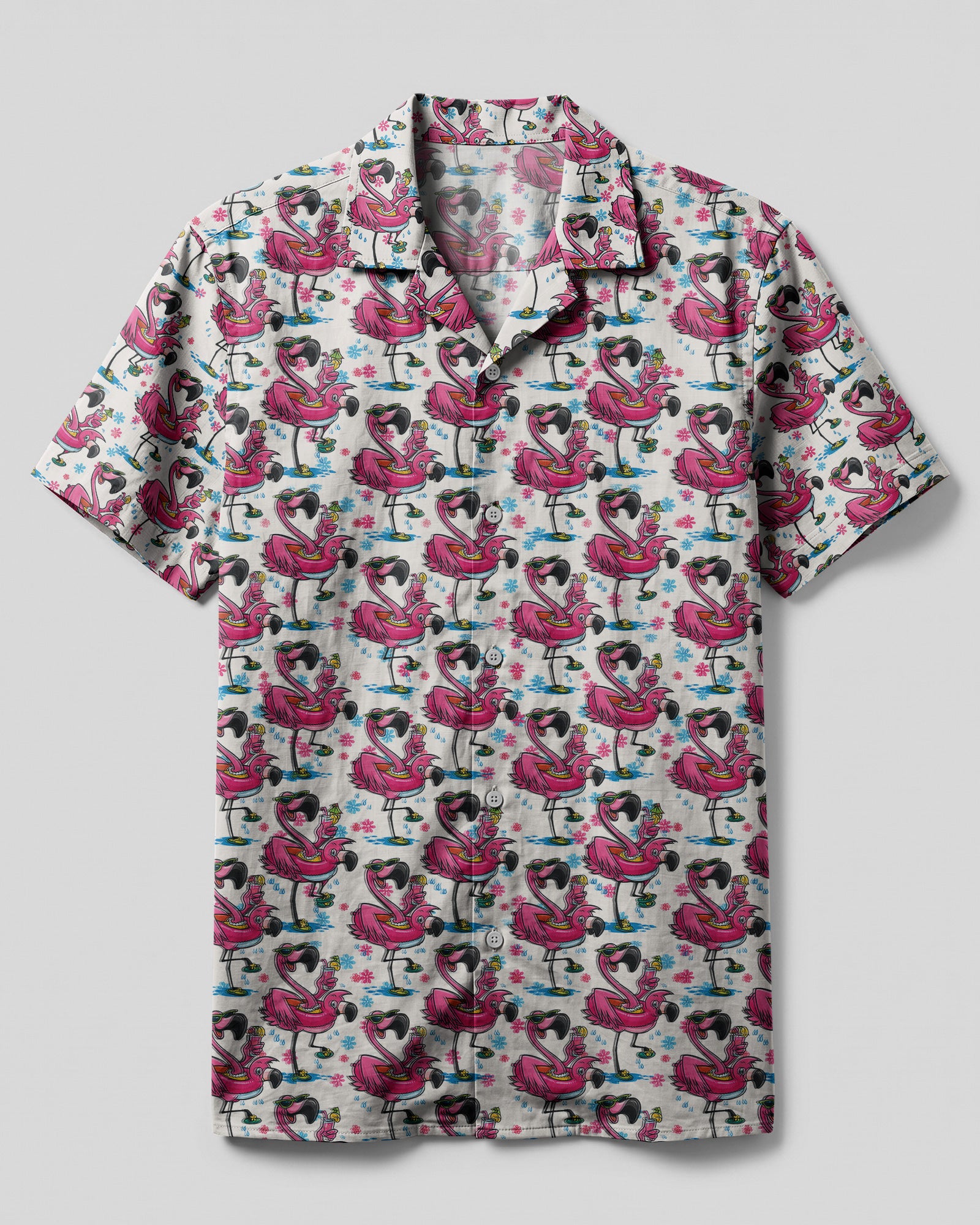 Flamingo Pretty Hawaiian Shirt Front view of the flamingo pretty camp shirt featuring vibrant pink flamingos and floral designs on a light background.
