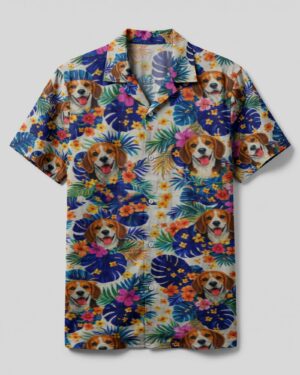 Front view of the beagle tropical camp shirt showcasing vibrant floral patterns and happy beagle faces.