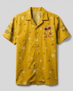 Front view of the I'M Not Short Duck Camp Shirt in yellow with floral and duck designs.
