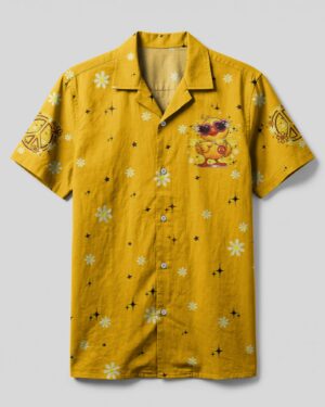 Front view of the I'M Not Short Duck Camp Shirt in yellow with floral and duck designs.