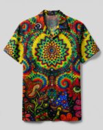 Front view of the psychedelic spiral mushroom camp shirt featuring vibrant colors and intricate designs.