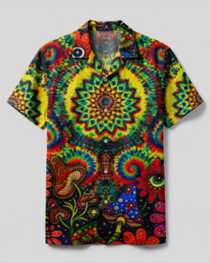 Front view of the psychedelic spiral mushroom camp shirt featuring vibrant colors and intricate designs.