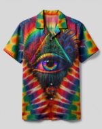 Front view of the eyes tie dye camp shirt featuring vibrant colors and a striking eye design.