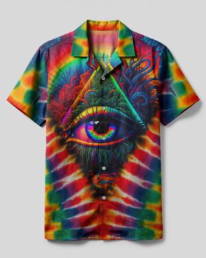 Front view of the eyes tie dye camp shirt featuring vibrant colors and a striking eye design.