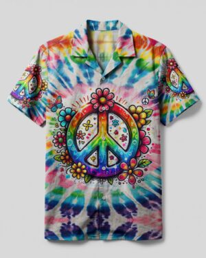 Front view of the Imagine All The People camp shirt featuring vibrant tie-dye and colorful peace sign design.