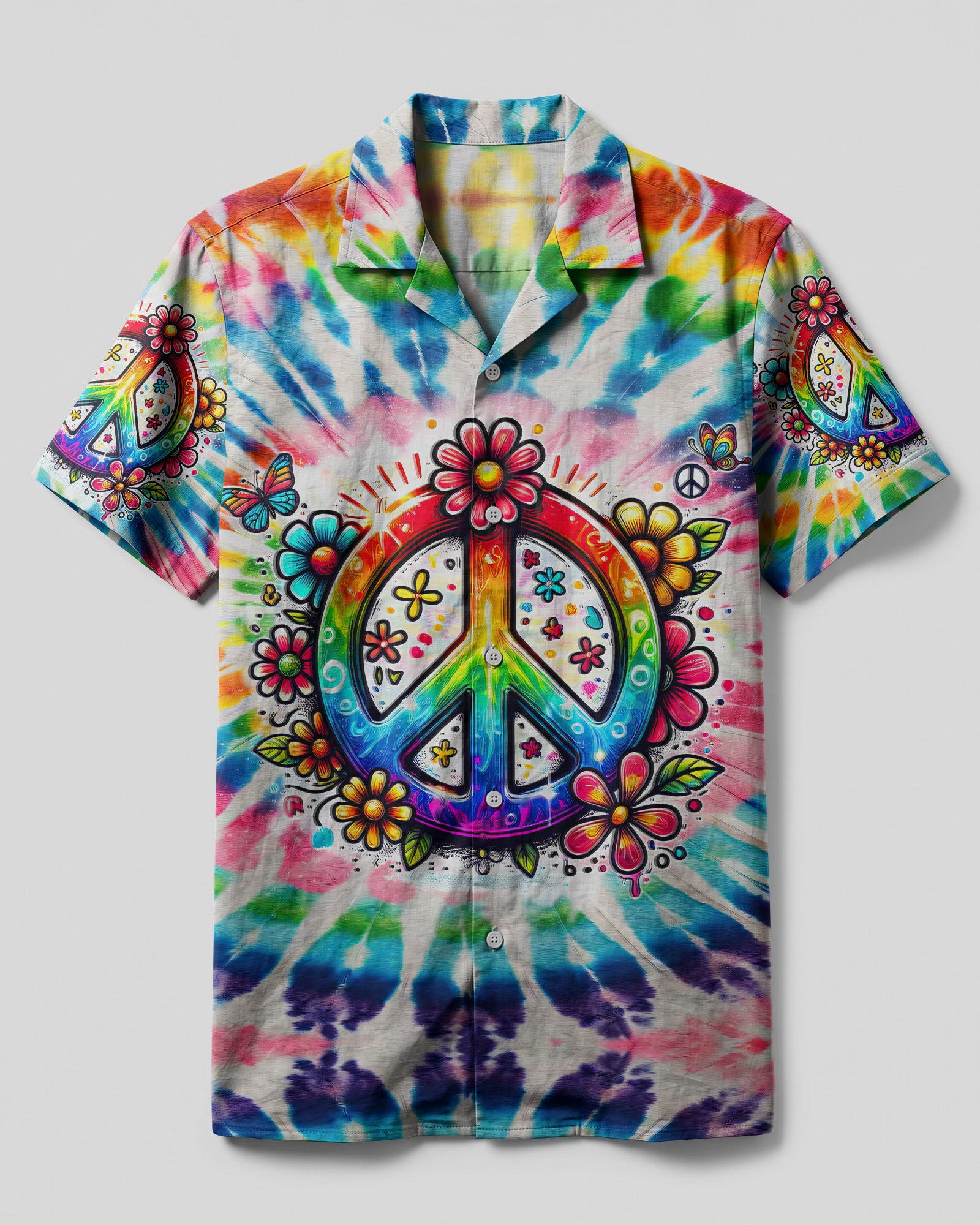 Imagine All The People Tie Dye Camp Shirt Front view of the Imagine All The People camp shirt featuring vibrant tie-dye and colorful peace sign design.