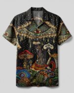 Front view of the psychedelic eyes mushroom camp shirt featuring vibrant colors and intricate mushroom designs.