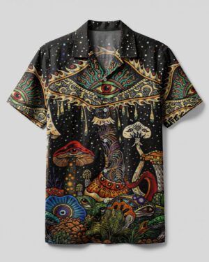 Front view of the psychedelic eyes mushroom camp shirt featuring vibrant colors and intricate mushroom designs.