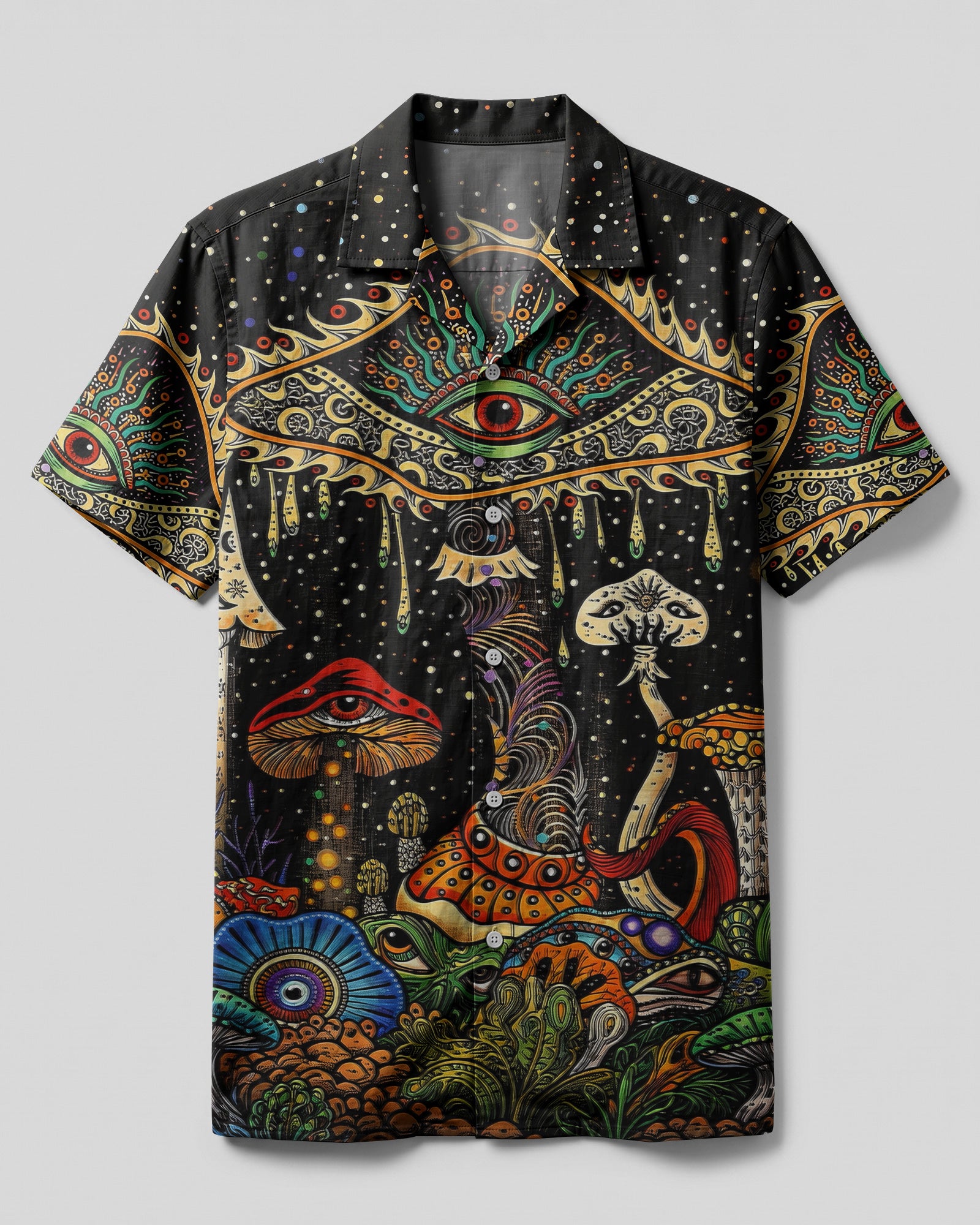 Psychedelic Eyes Mushroom Camp Shirt Front view of the psychedelic eyes mushroom camp shirt featuring vibrant colors and intricate mushroom designs.