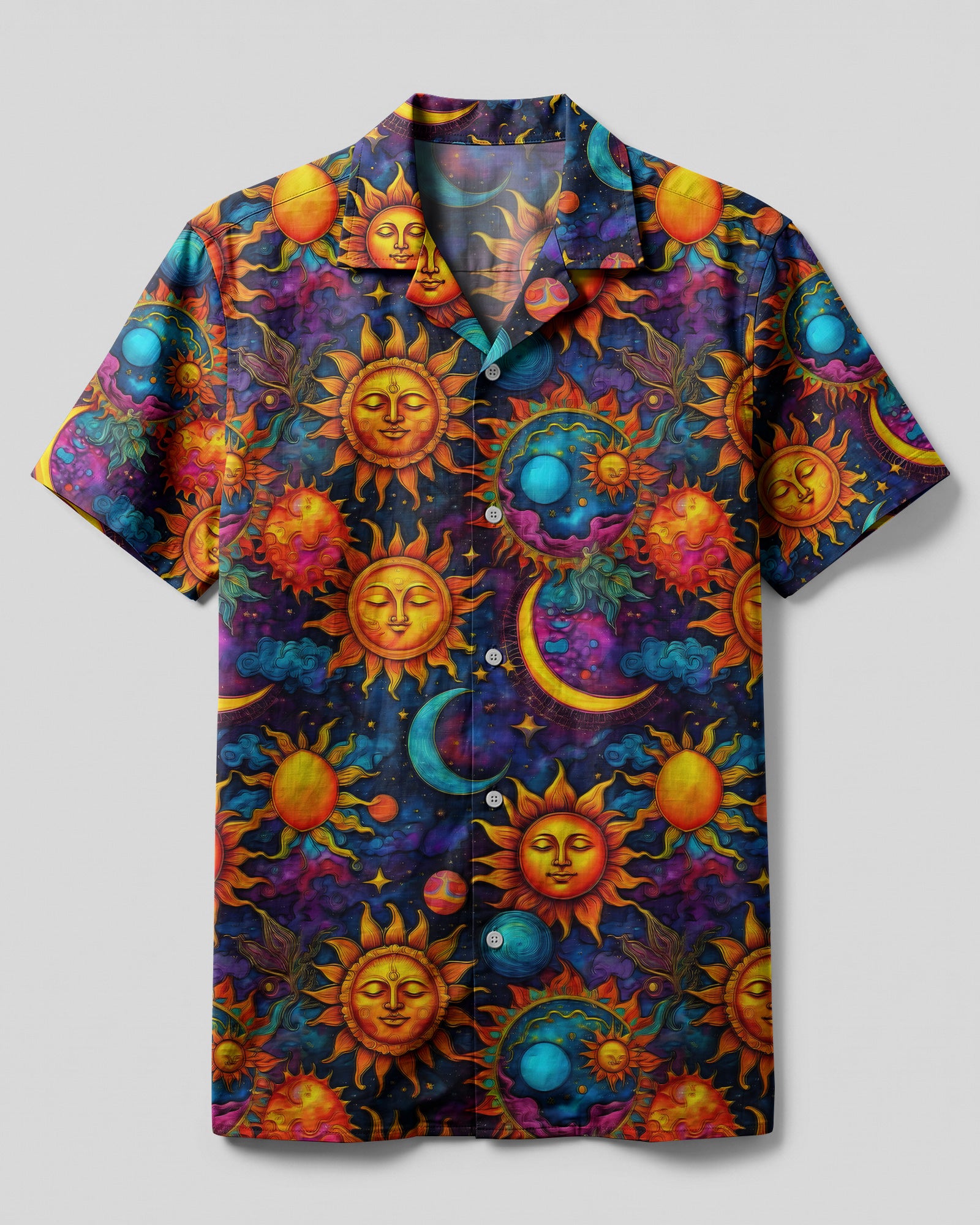 Hippie Sun Moon Stars Camp Shirt Front view of the hippie sun moon stars camp shirt featuring vibrant colors and celestial designs.