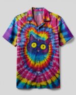 Front view of the cat colorful swirl pattern camp shirt featuring vibrant tie-dye colors and a large cat graphic.