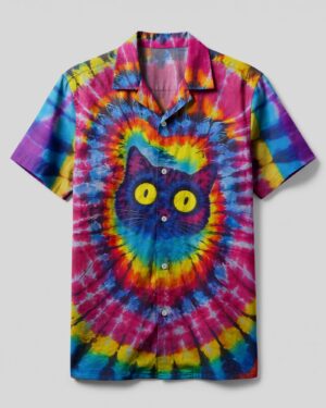 Front view of the cat colorful swirl pattern camp shirt featuring vibrant tie-dye colors and a large cat graphic.