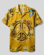 Front view of the bee kind camp shirt featuring a vibrant yellow color with peace and flower designs.