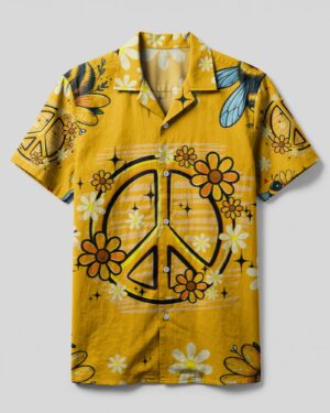 Front view of the bee kind camp shirt featuring a vibrant yellow color with peace and flower designs.