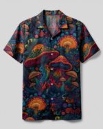 Front view of the psychedelic mushrooms camp shirt featuring vibrant colors and intricate mushroom designs.
