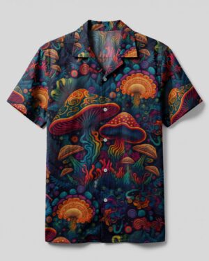 Front view of the psychedelic mushrooms camp shirt featuring vibrant colors and intricate mushroom designs.