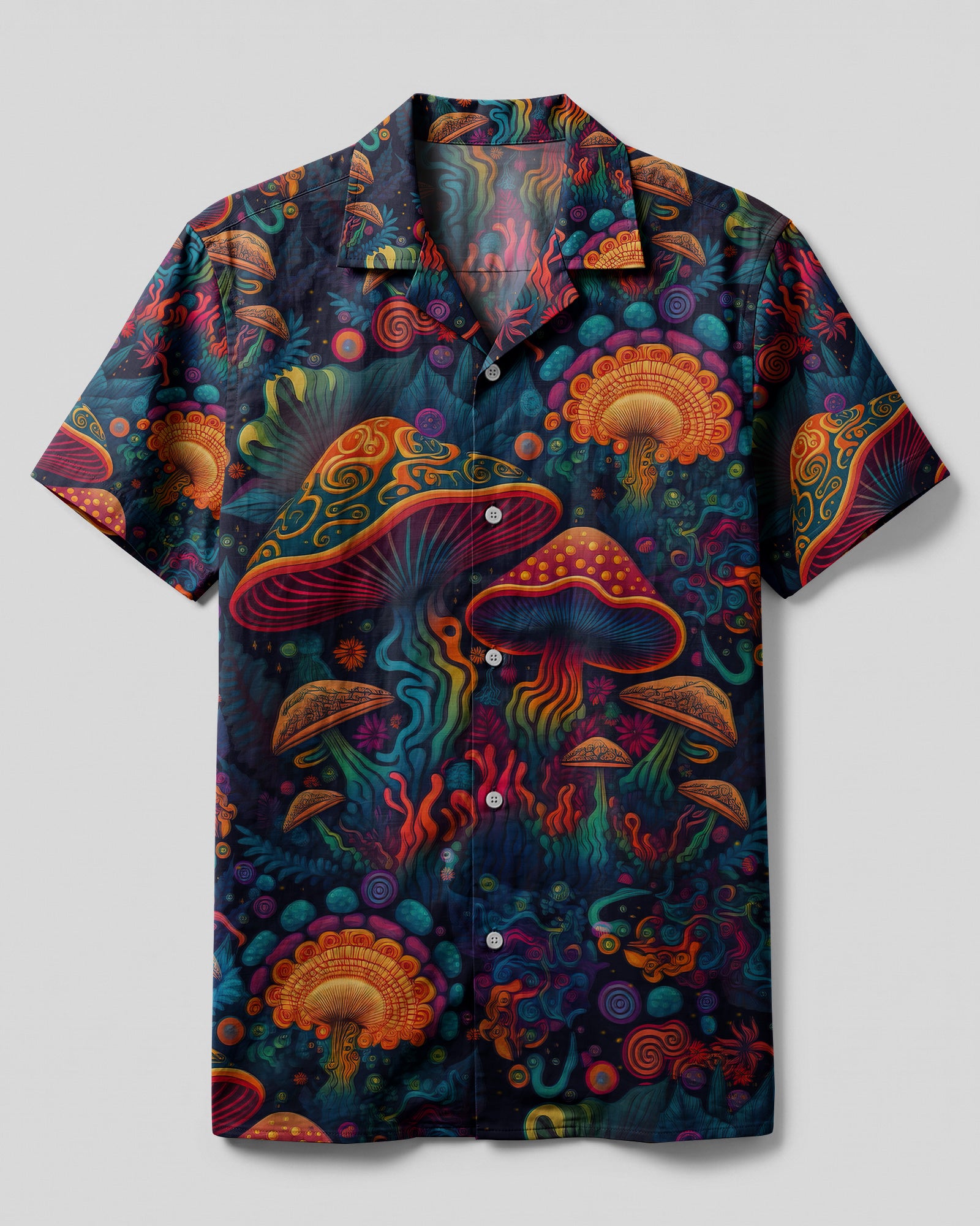 Psychedelic Mushrooms Hawaiian Shirt Front view of the psychedelic mushrooms camp shirt featuring vibrant colors and intricate mushroom designs.