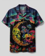 Front view of the psychedelic eyes mushroom camp shirt featuring vibrant colors and intricate skull designs.