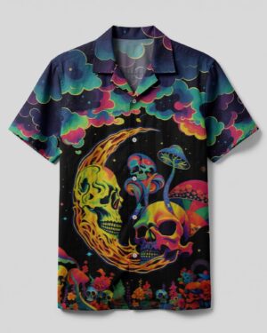 Front view of the psychedelic eyes mushroom camp shirt featuring vibrant colors and intricate skull designs.