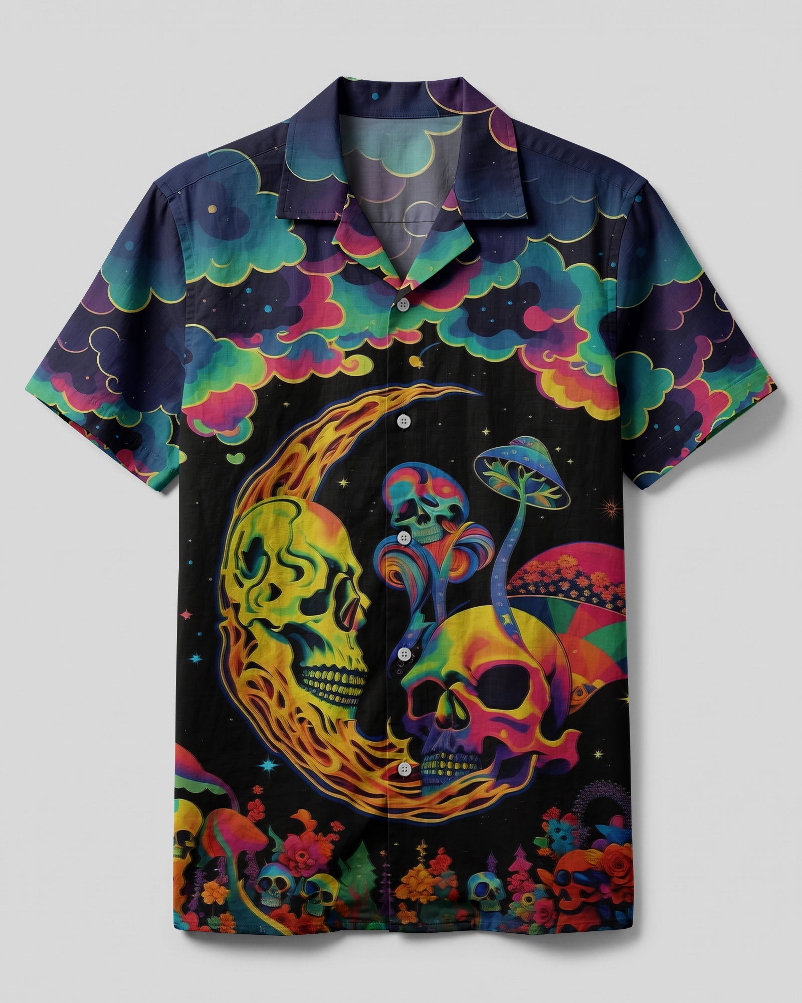 Psychedelic Eyes Mushroom Camp Shirt Front view of the psychedelic eyes mushroom camp shirt featuring vibrant colors and intricate skull designs.