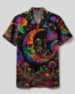 Front view of hippie skull psychedelic camp shirt featuring vibrant colors and detailed skeleton design
