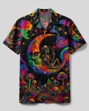 Front view of hippie skull psychedelic camp shirt featuring vibrant colors and detailed skeleton design